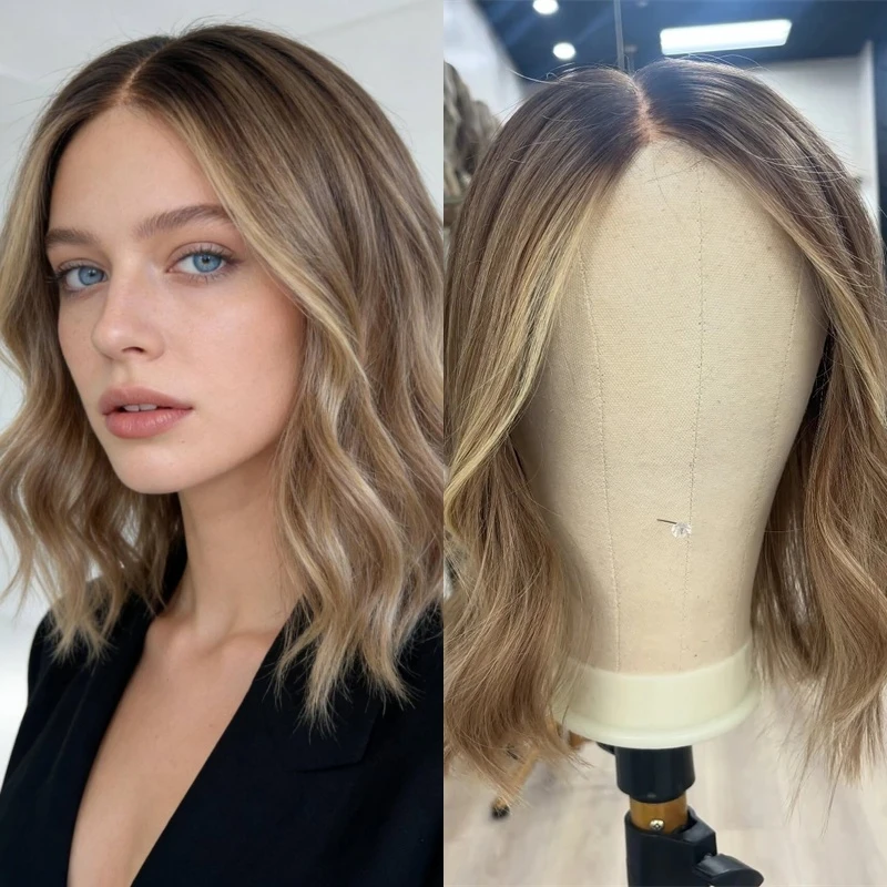 

Премиум парик с омбре, светлые и коричневые мели, синтетический, с HD-кружевом спереди, для вечеринок и повседневной носки, с предварительно вычесанной линией роста волос, короткий волнистый боб для женщин