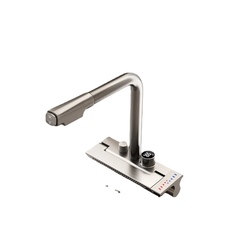 Grifo de cascada giratorio con pantalla digital gris pistola, totalmente de cobre, agua fría y caliente, tipo extraíble, fregadero de lavabo de cocina, Hous