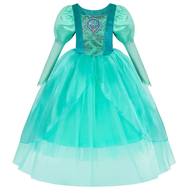 Ariel Costume For Girls Princess Dress Green Long Sleeve Ball Gown Party Cosplay Outfit Little Mermaid Dress Halloween Gift