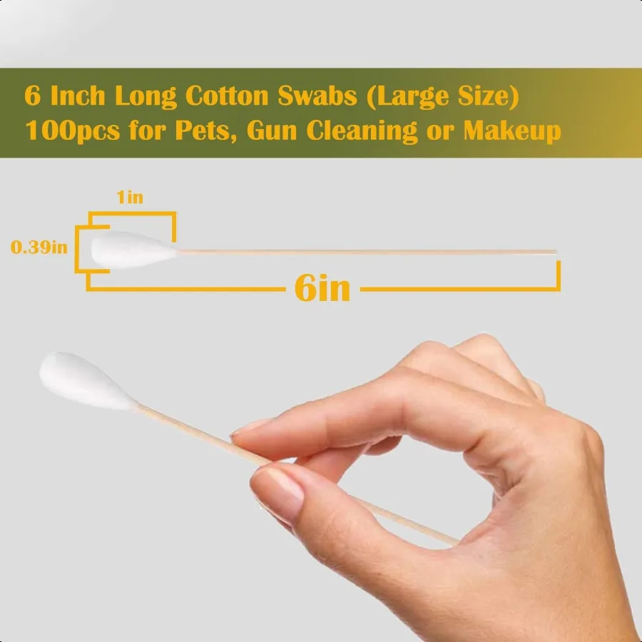 6インチ長大型綿棒100本入り 竹製スティック 高吸水性チップ付きアプリケーター ペットケア用
