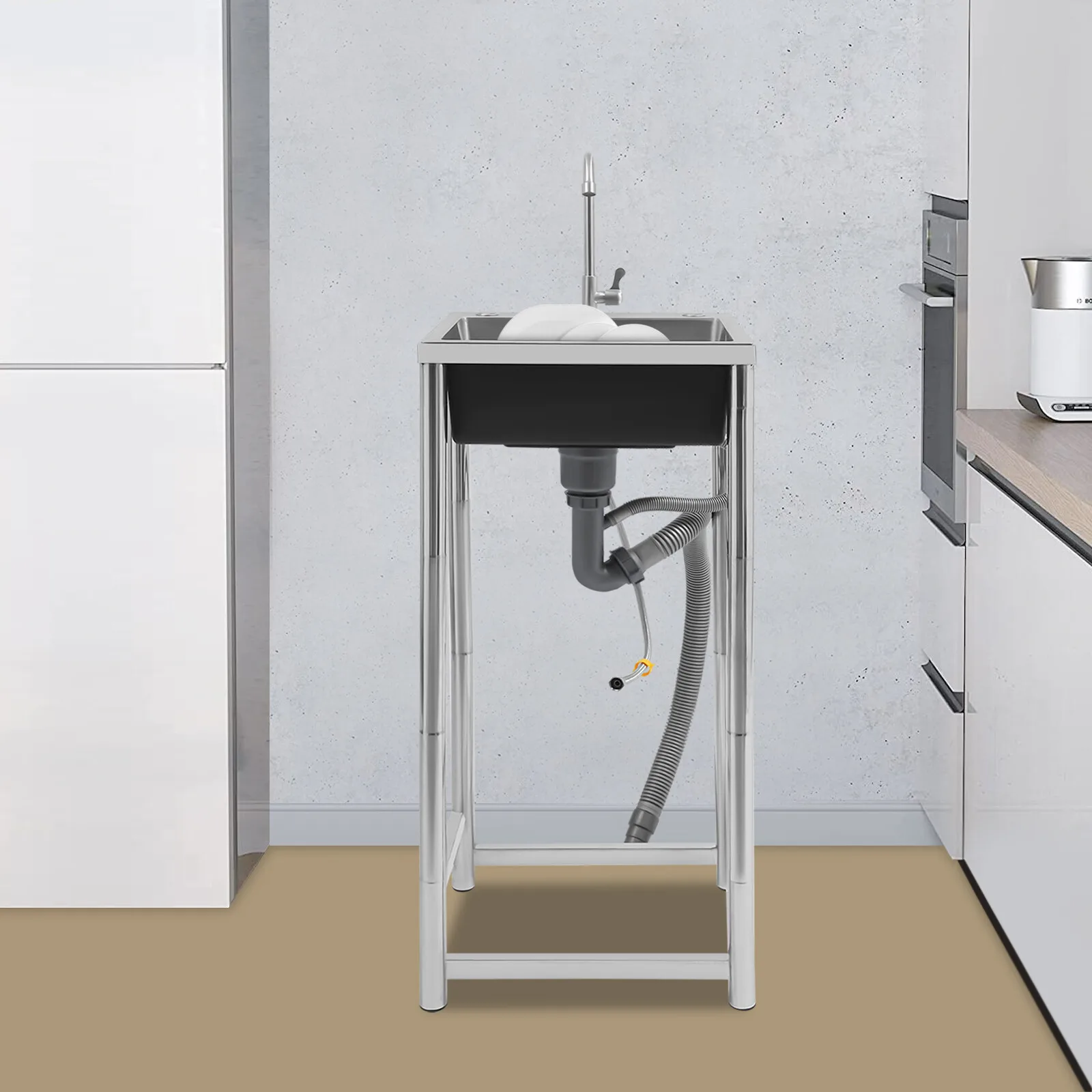 Lavello commerciale a vasca singola in acciaio inossidabile con rubinetto, lavabo rettangolare grande 45 x 40 x 22 cm, lavello multiuso indipendente