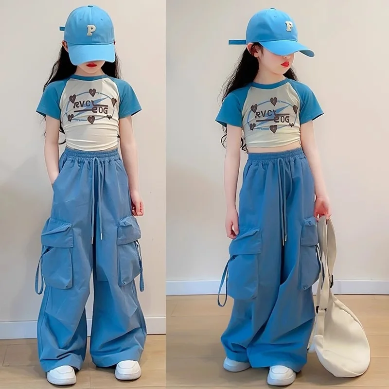 Girls Cargo Pants Spring Kids Straight Wide-leg Pockets Pants Summer Teen Fashionable Loose Trousers Children Clothes 5-14 Years