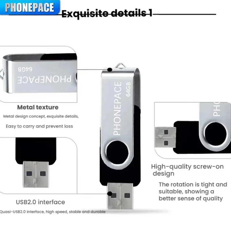 PHONEPACE Draaibare USB-flashdrive Snelle USB 2.0-interface Materiaal van aluminiumlegering Duurzaam Langdurig Brede compatibiliteit