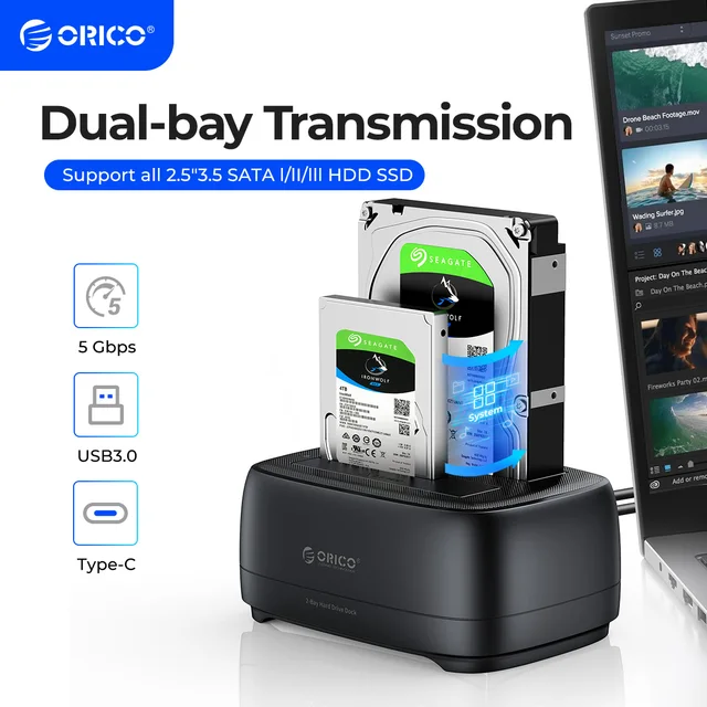 ORICO Stacja dokująca USB3.0 5 Gb/s typu C z podwójnym gniazdem i zasilaczem 12 V 3 A do dysków twardych 2,5/3,5 cala/SSD