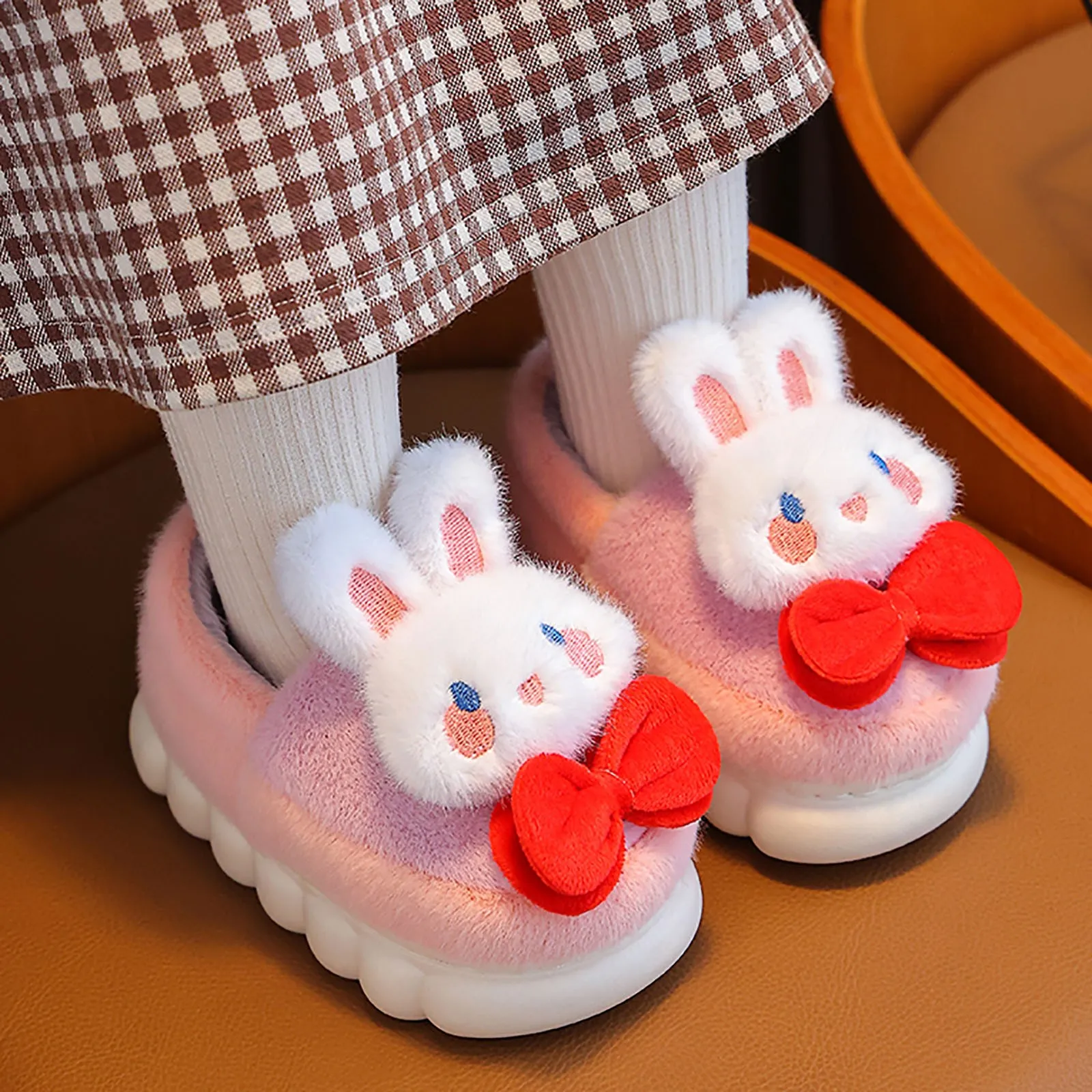 Winter Cotton Slippers Children\'s Fashion Cute Cartoon Bow Rabbit Non-slip Soft Sole Kids Girls Indoor Warm Home Cotton Shoes