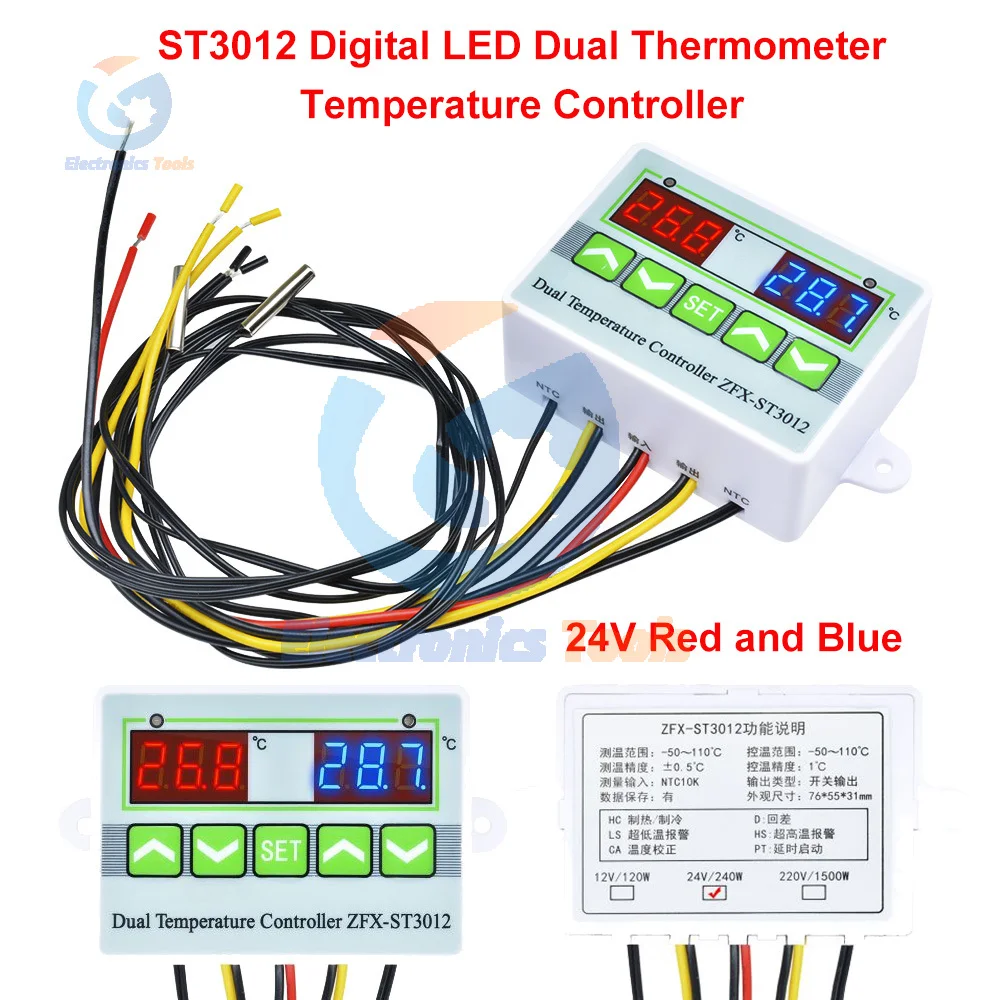 

ST3012 Digital LED Dual Thermometer Temperature Controller AC 12V 24V 110V 220V Microcomputer Regulator Sensor Control Meter
