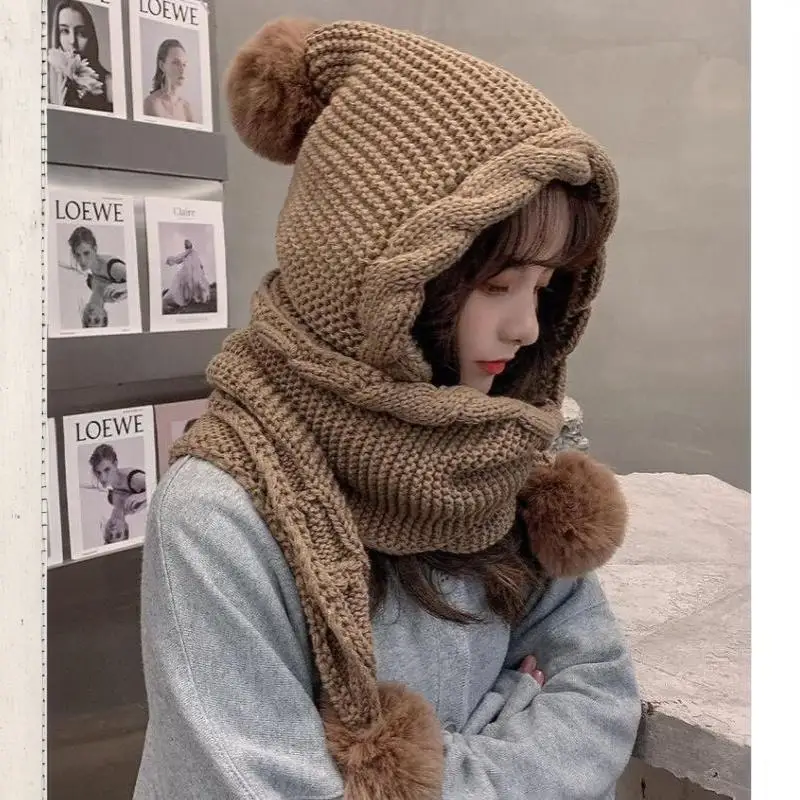 Damen Winter Strickmütze mit integriertem Schal, flauschigen Bommeln, dick und warm für Skifahren, Pendeln und kaltes Wetter – Detail 11
