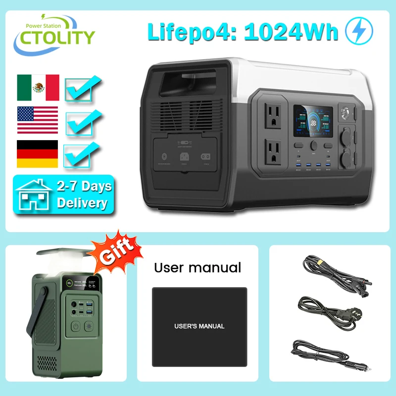 CTOLITY 1600W Camping Portable Power Station AP200L Outdoor Solar Generator 1024Wh Lifepo4 AC Outlets Pure Sinve Wave for Party