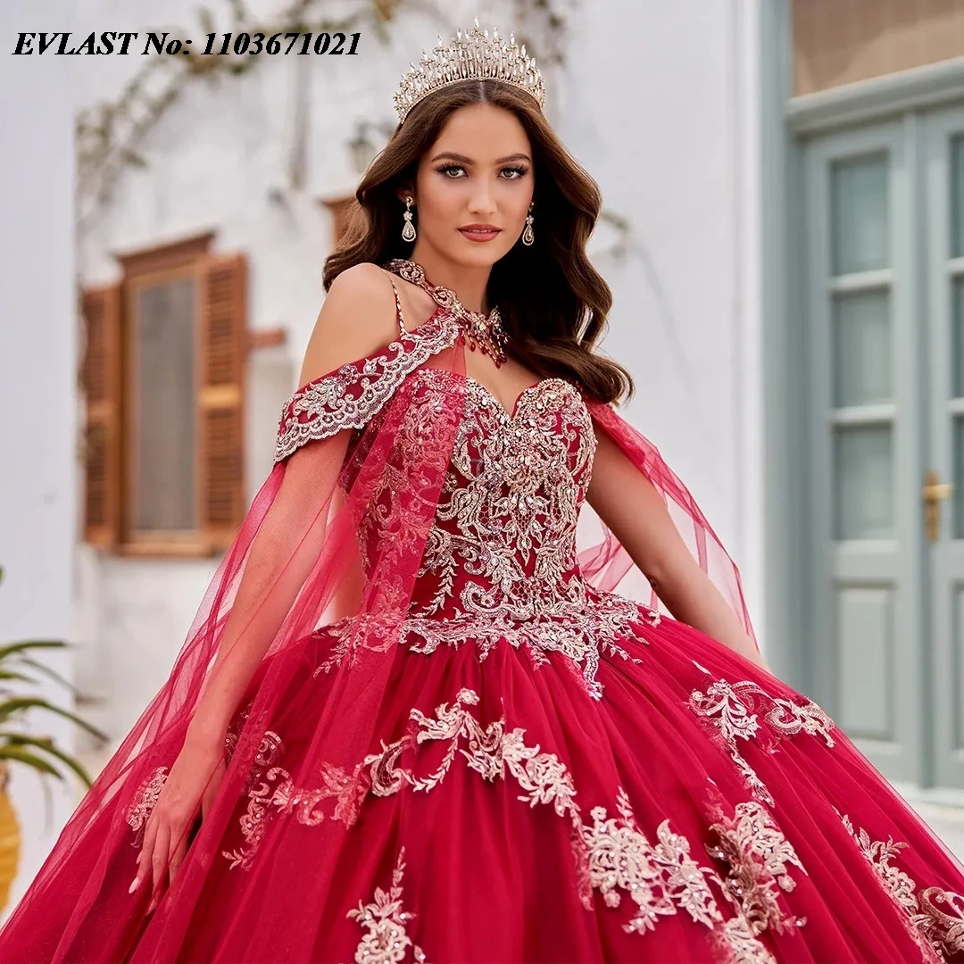 EVLAST мексиканское темно-синее платье Quinceanera бальное платье серебряная Кружевная аппликация из бисера с накидкой милое 16 Vestido De 15 лет SQ256