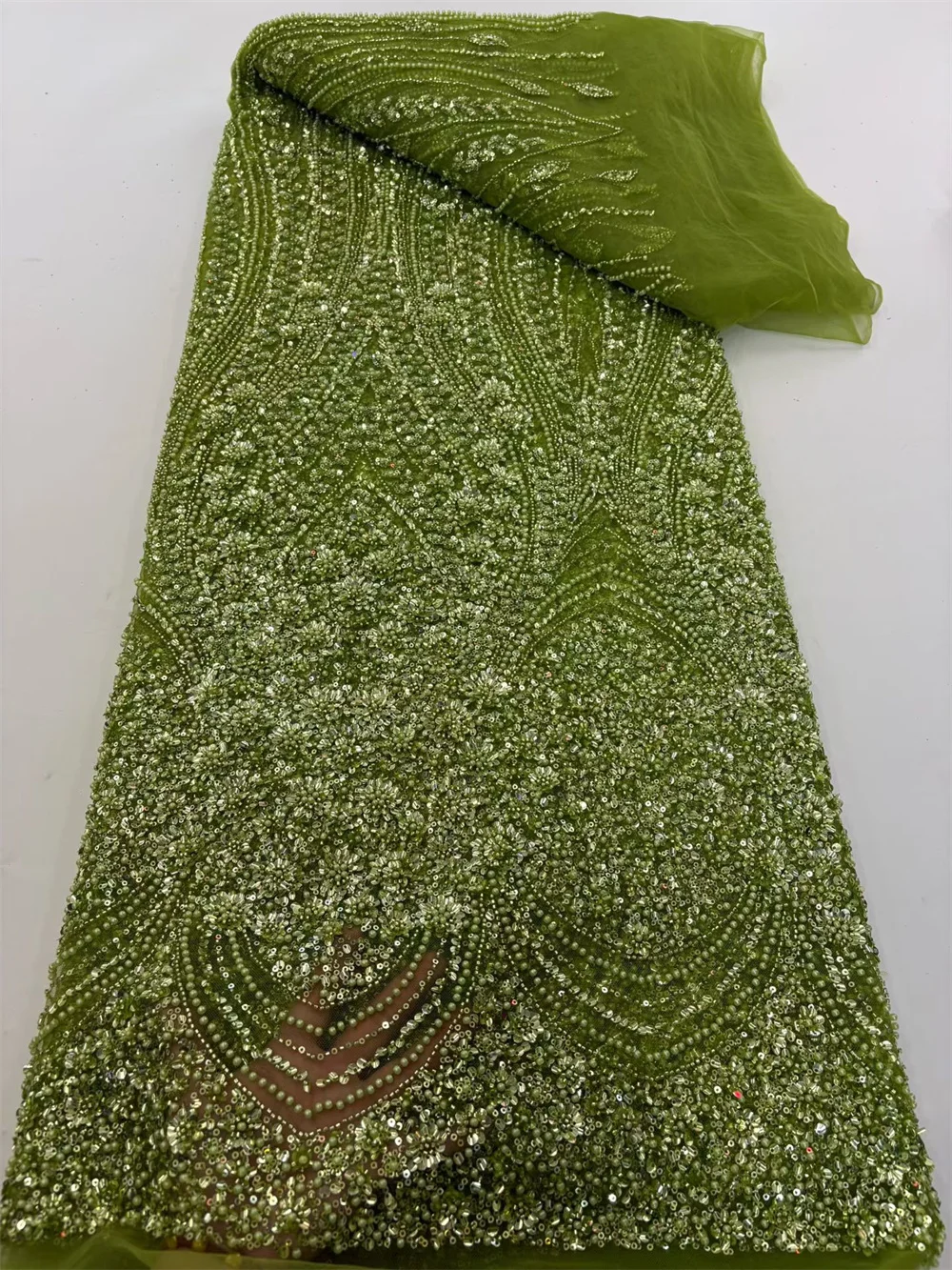 

Африканская тяжелая кружевная ткань с бисером, 2024, высокое качество, нигерийское кружево с блестками и жемчугом, французский тюль, ткань для свадебного платья H148-1