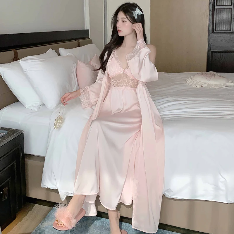 DAIMELU French court style sleepwear lace nightdress with chest pad women's summer Nightgowns female nightwear sexy pajamas set