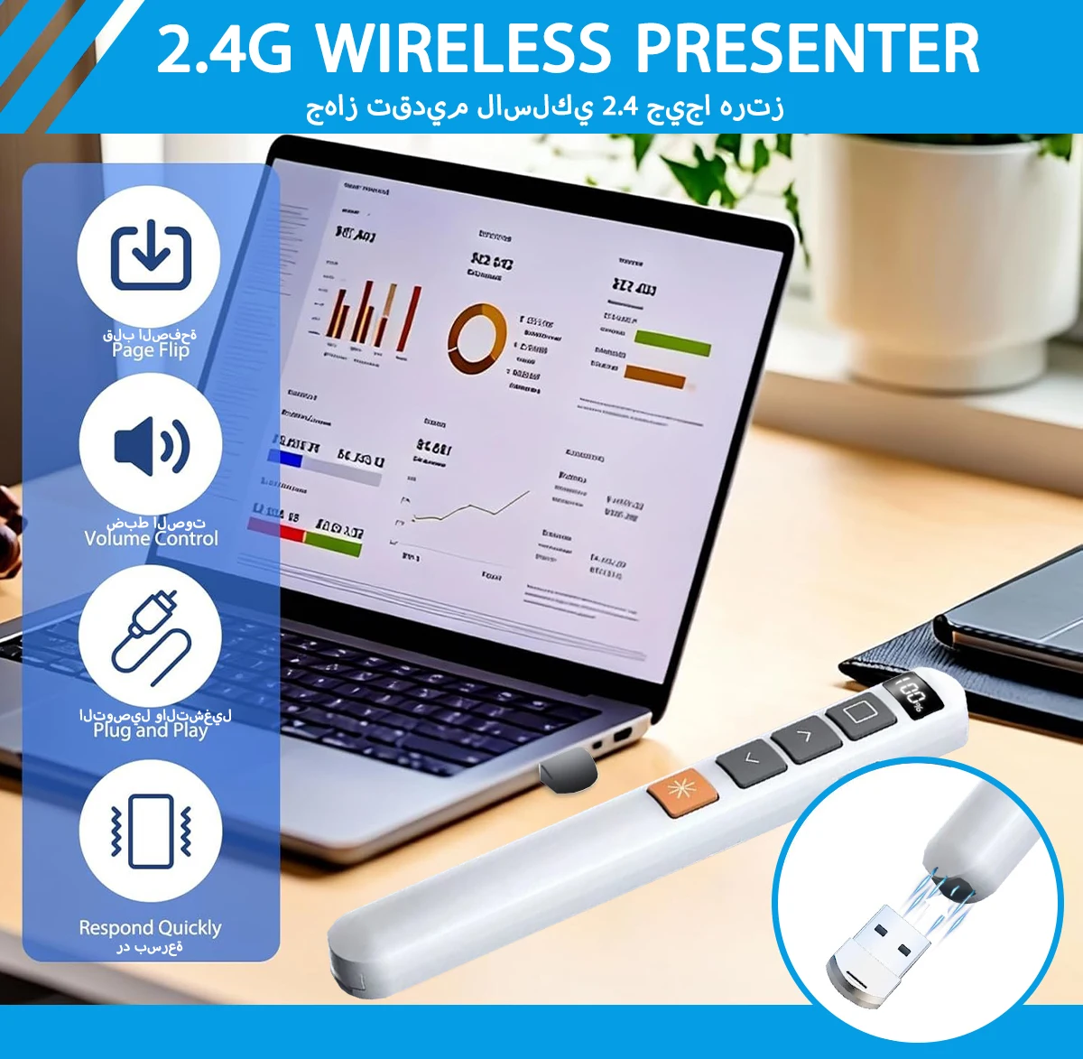 Wireless Presenter Remote with USB-Receiver, 2.4GHz Wireless PowerPoint Clicker,Portable Office Red Laser Pointer with Hyperlink