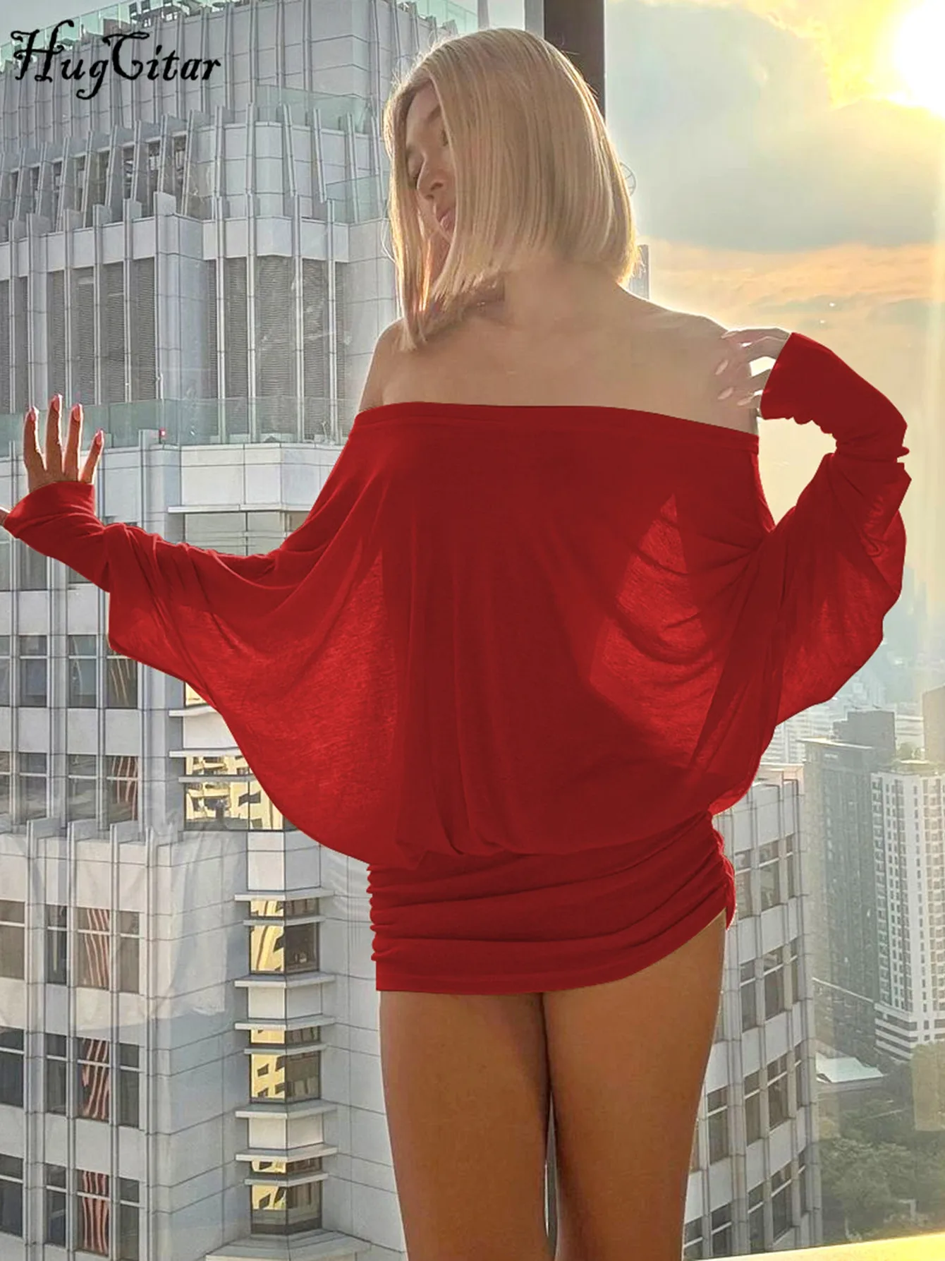 فستان Hugcitar النسائي ذو الرقبة المائلة وأكمام طويلة مثير كبير الحجم مطوي فستان قصير للخريف والشتاء Y2K ملابس الحفلات والنوادي #3