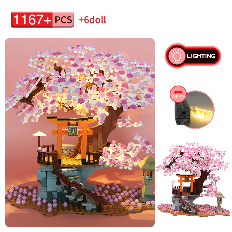 

City Street View Shrine Sakura Building Blocks Cherry Blossom Classic Moc House Tree Brick Kids Construction Toys Children Gift