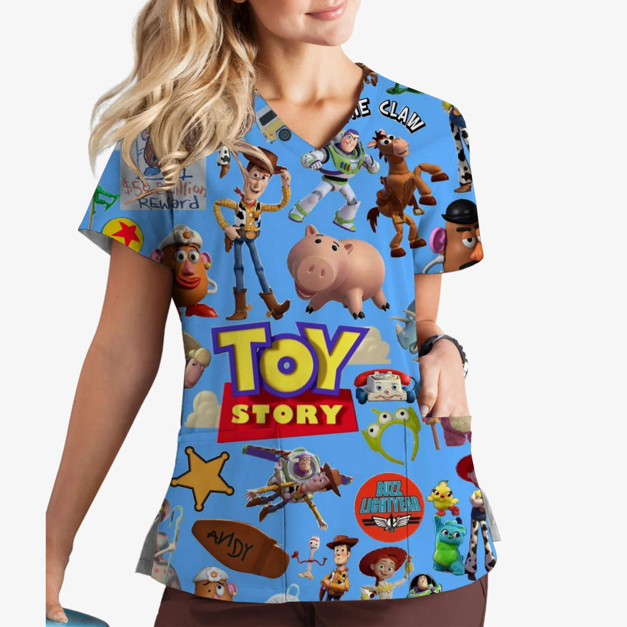 Nursing Accessories Dental Clinic Beauty Salon Work Clothes Disney Toy Story Cute Print Women's V-Neck Print Scrub Top