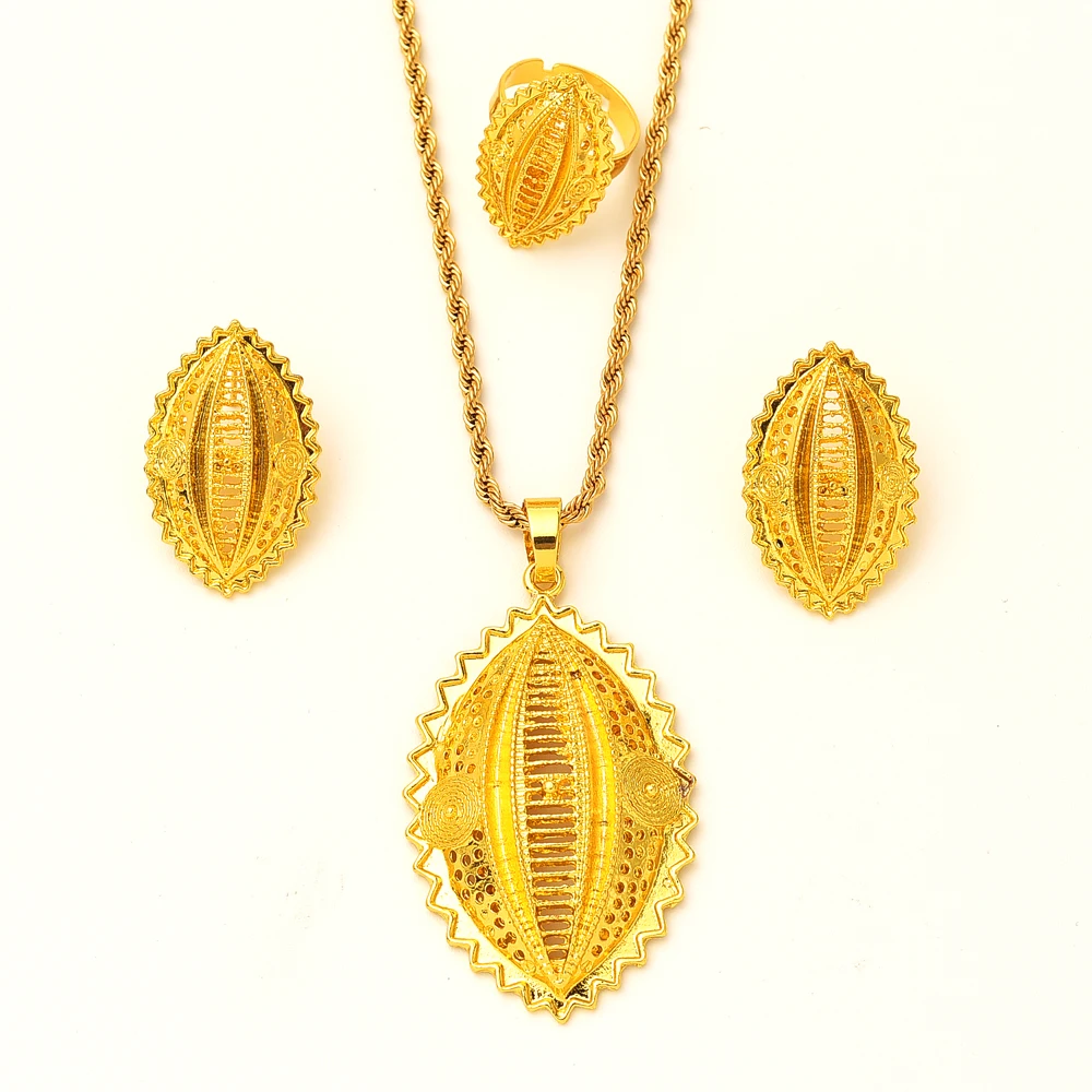 Ethiopian Gold Color Pendant Necklaces Earrings Ring Habesha Eritrean Wedding Jewelry Sets