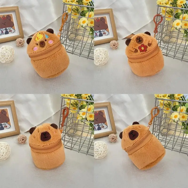 Bonito de pelúcia capivara zíper moeda bolsa cilíndrica carteira fones de ouvido batom saco de armazenamento criativo boneca de pelúcia pingente meninas