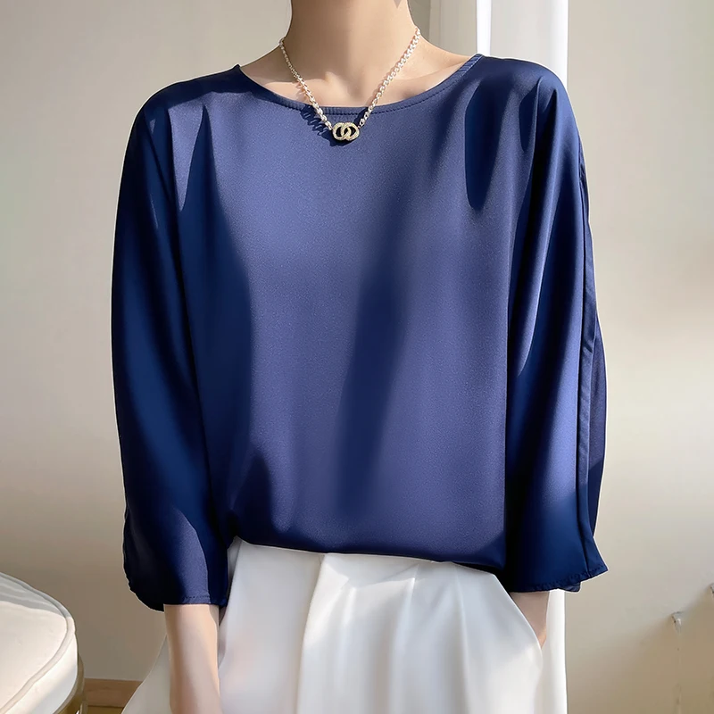 2023 Spring/Summer New Round Neck 3/4 Sleeve Clean Face Loose High Grade Draping Silk Smooth Satin T-shirt Women\'s Top