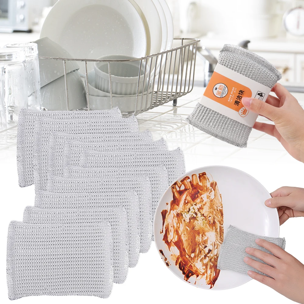 12/4Pcs Double Sided Dishwashing Sponge Silver Wire Cleaning Rags Wipe Pan Pot Dish Wash Thickened Scouring Cloth Kitchen Tools