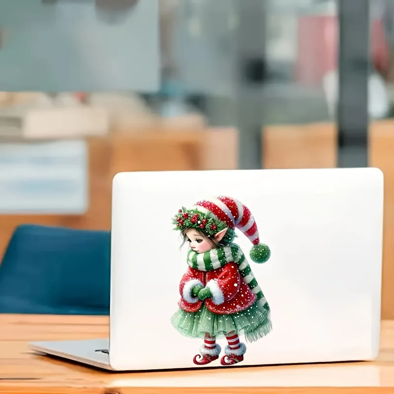 

1 шт. 7-дюймовая виниловая наклейка «Рождественский снег» — праздничная снежная сцена с рождественской шляпой, зелеными листьями и красными украшениями, самоклеящаяся,