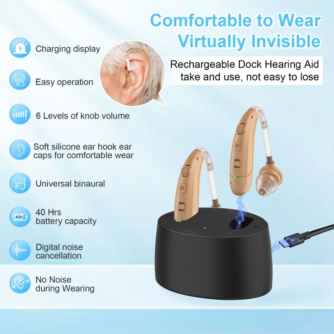 高齢者向け充電式補聴器、ノイズキャンセリングと音量調節機能付き、携帯型耳かけ式補聴器ヘッドフォン