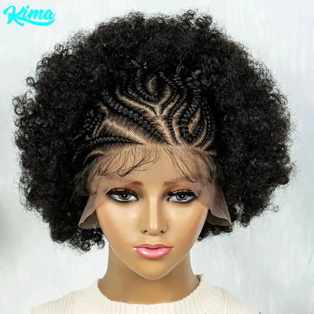 Peruca dianteira do laço sintético trançado com cabelo do bebê para mulheres negras, Kinky Curly Wig, peruca de áfrica, 13x6