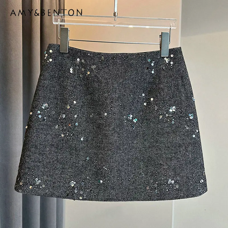 

Новая женская одежда Весна 2026: Модные юбки А-силуэта с ретро-дизайном, высококачественные, с пайетками, на молнии сзади, элегантные, универсальные