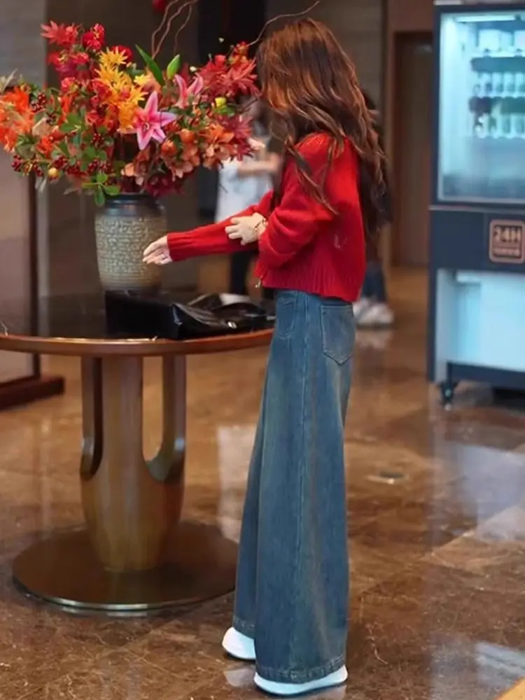 

Американские темно-синие широкие джинсы, женские весенне-осенние свободные утягивающие джинсы с высокой талией, большой размер, толстые мм, с драпировкой на бедрах...