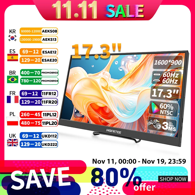 17.3 Inch Mobile Portable Monitor External Screen Game PC Display HDMI-Compatible For Switch Laptop xbox