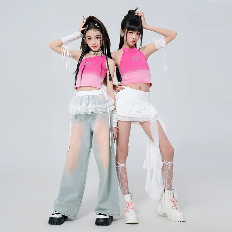 

Jazz Dance Outfits For Girl Group K-pop Stage Clothes Children Runway Performance Costume Hip Hop Crop Vest Skirt Jeans XH2796