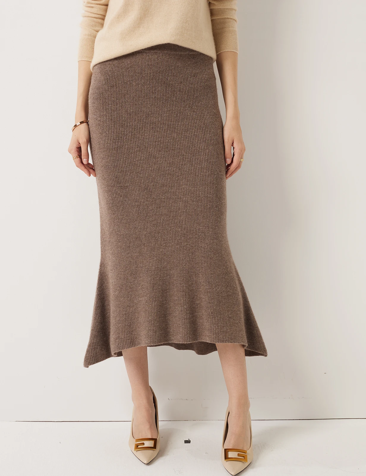 Women Cashmere Merino Wool Knit Fishtail Skirt Soft Warm Midi Skirt Winter Fall Elastic Waist A Line Woolen Skirt Elegant Flared