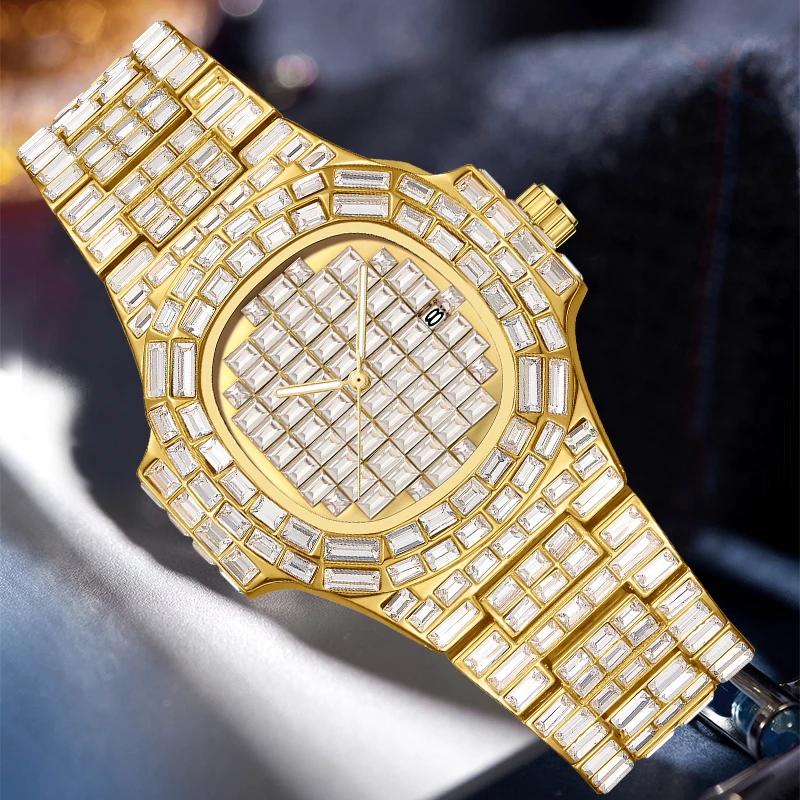 Top Bing Männer Frauen Baguette Diamant Iced Out Uhr Edelstahl Quarzwerk Wasserdicht Leucht Hand reloj hombre