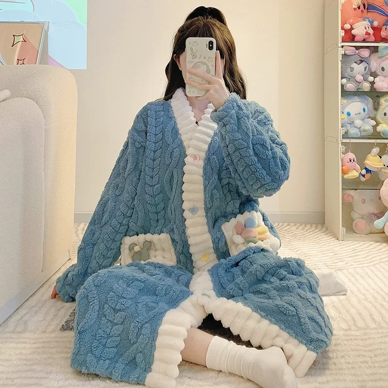 Plus Size 5XL Winter Warm Robe Pajamas Women Sweet Long Coral Velvet Bathrobe Sleepwear Thick Flannel Comfy Home Clothes