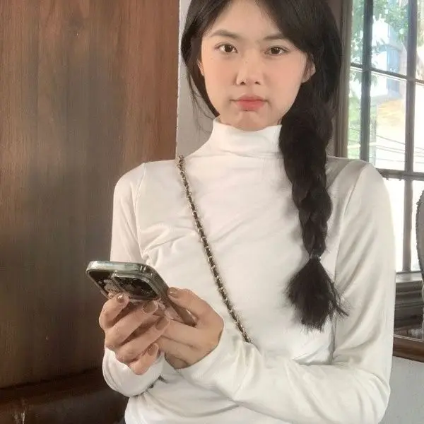 Autumn Winter Slim Fit Long Sleeve Thermal Base Layer Top Half High Collar Versatile White T-Shirt Korean Style Commute Fashion
