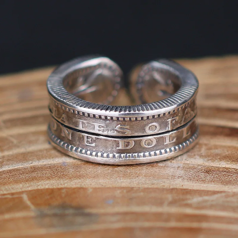 Retro Morgan Coin Ring For Men Silver Color Punk Gothic Adjustable Open Ring Handmade Rock Biker Accessories Man Jewelry Gift
