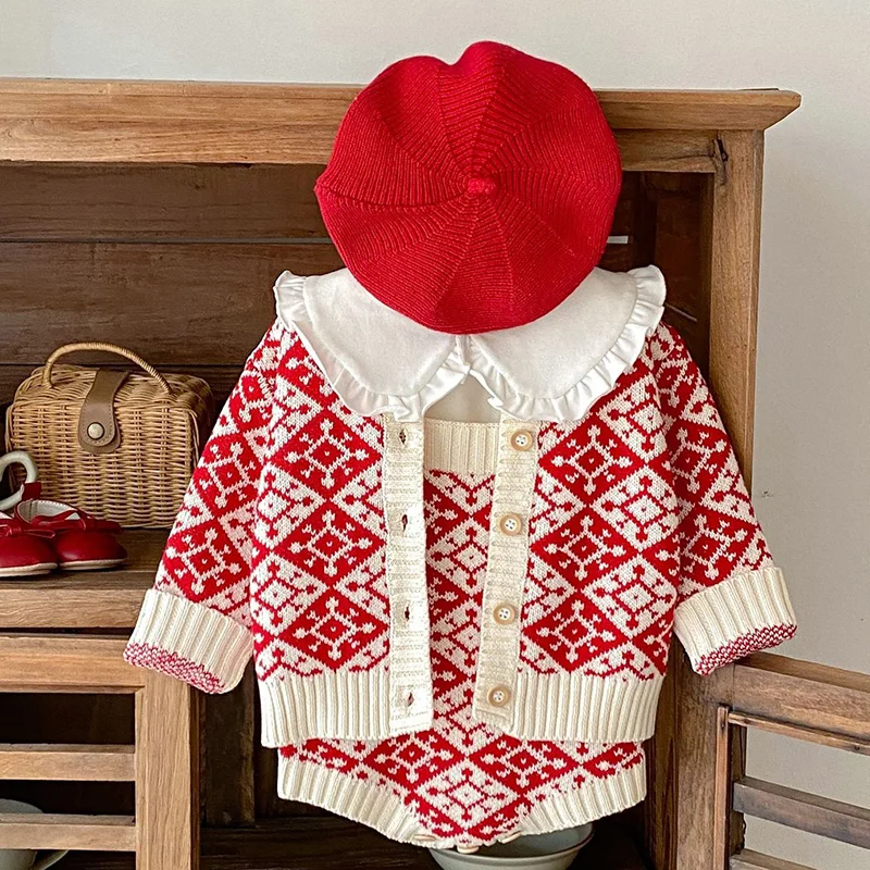 

2024 New Spring Toddler Baby Girls Knitted Clothes Set Long Sleeved Cardigan Coat+Jumpsuit Children Knitted Clothing Suit