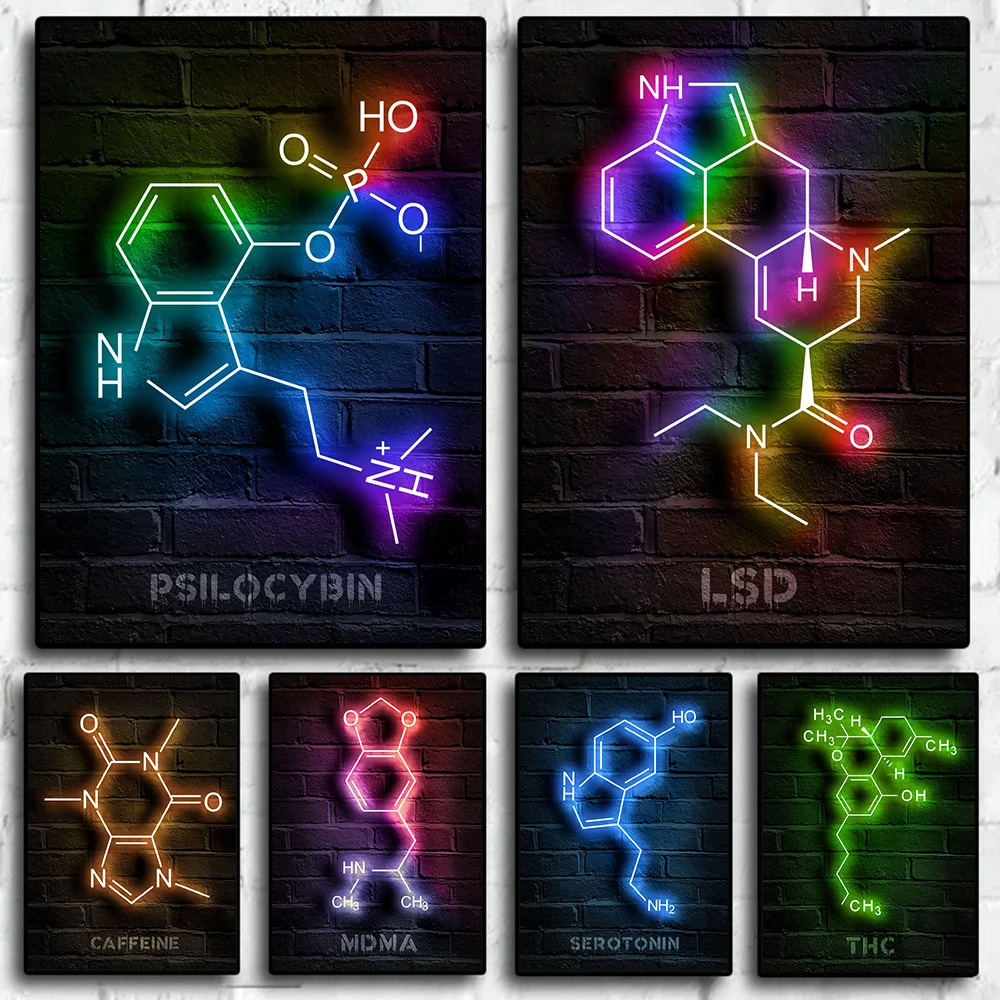 Chemistry Neon Molecules Wall Art Posters and Prints Modern Minimalist Wall Decor Pictures Abstract Art Painting Kids Room Decor