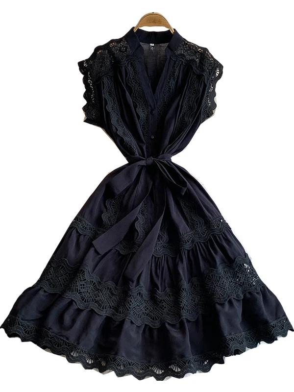 Vestido de Verão com Decote em V e Mangas Curtas em Renda, Saia em Camadas de Cintura Alta Estilo Coreano, Vestido Midi ina...