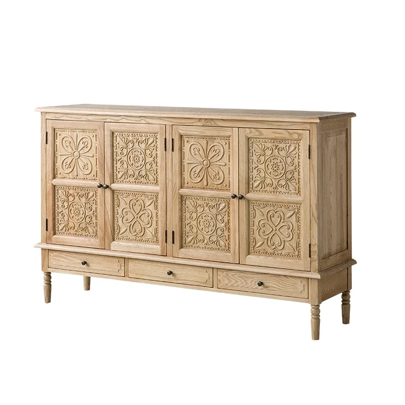 

JC Solid Wood Carving Flower Entrance Cabinet Retro Pastoral Dining Side Cabinet Oak Furniture Living Room Bedroom Storage Cabin