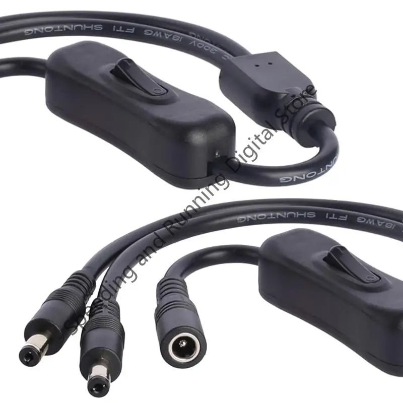 18AWG DC5.5X2.1Mm Female to 2 Male 5.5mm*2.1mm Power Splitter Cable with Inline On Off DC5521 Power Cord for CCTV LED Strip