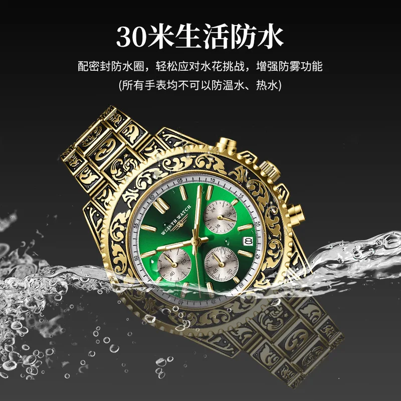Vintage Engraved Men’s Quartz Watch with Calendar, Multifunction Sport Design, Hot Sale Water-Resistant Wristwatch