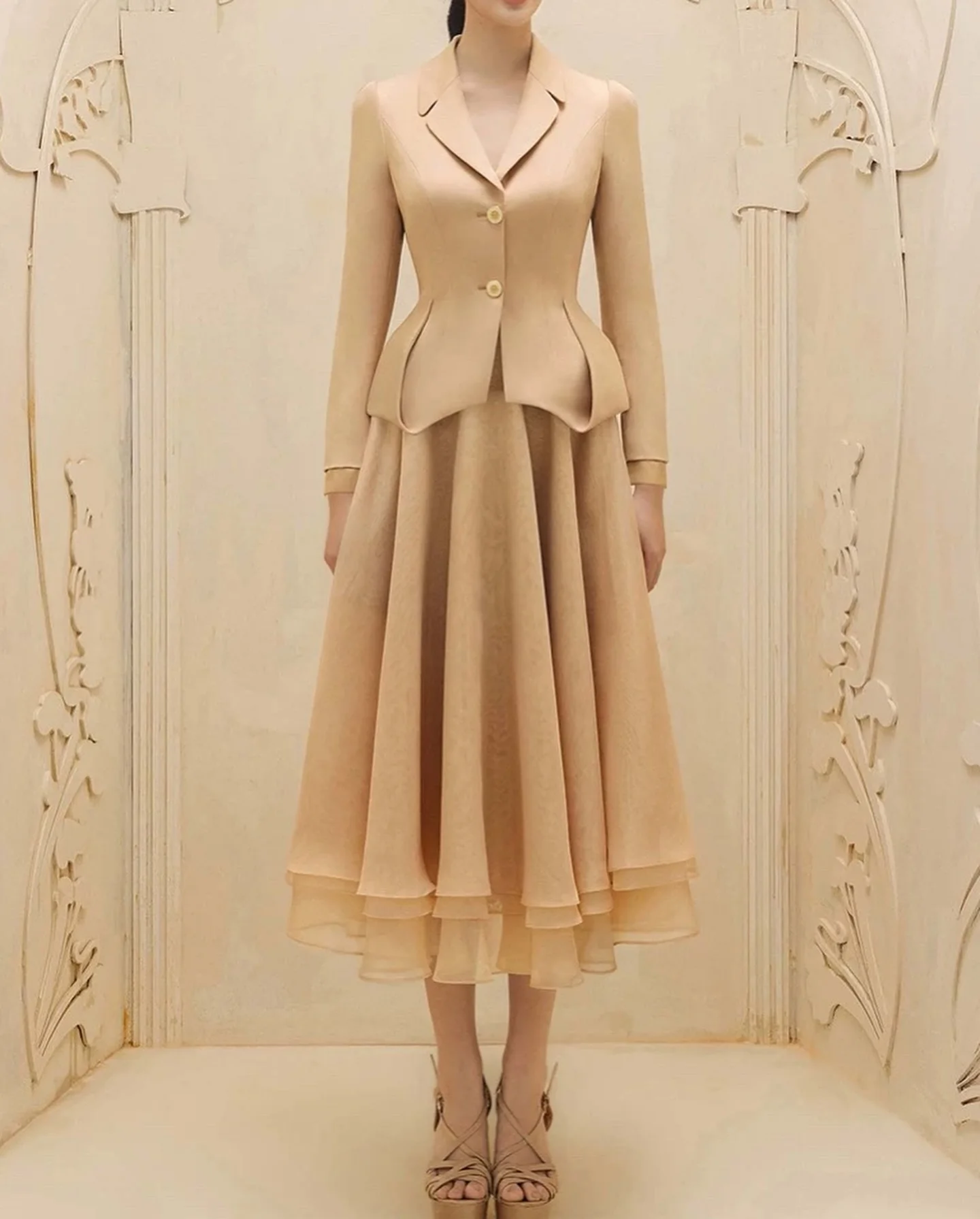 

Customized Formal Chiffon A-Line Tiered Buttons Evening Dress Delicate Long Sleeves V-Neck Ankle Length Special Occasion Gowns
