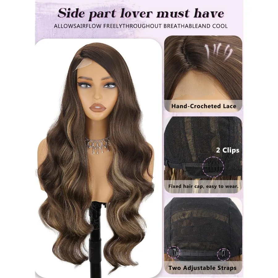 شعر مستعار بني طويل مموج مع تسليط الضوء على أشقر بني مختلط وتصميم الجزء الجانبي للنساء شعر مستعار اصطناعي طبيعي مثالي لـ D #3