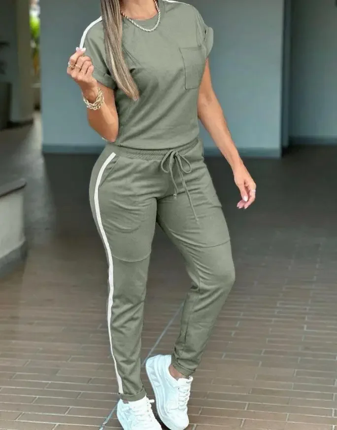 Conjunto de dos piezas para mujer, chándal con paneles, cuello redondo, Top de manga corta y diseño de bolsillo informal, conjunto de pantalones con cordón
