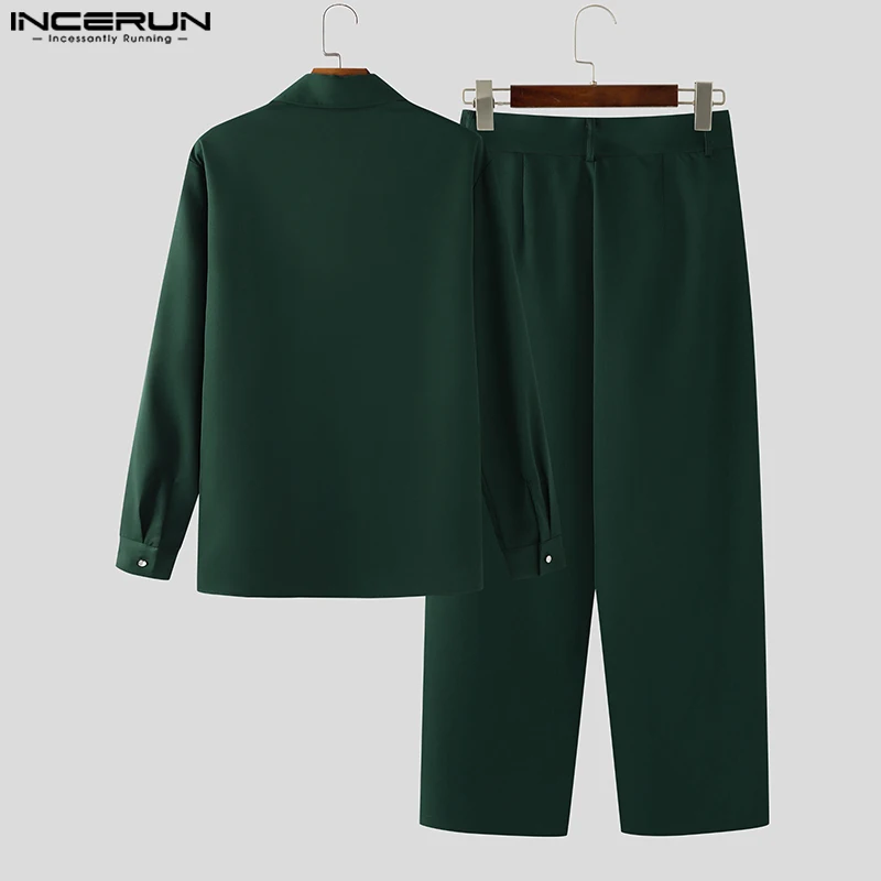 Incerun conjuntos masculinos cor sólida estilo coreano solto lapela manga longa camisa & calças 2 pçs streetwear 2025 moda casual ternos masculinos