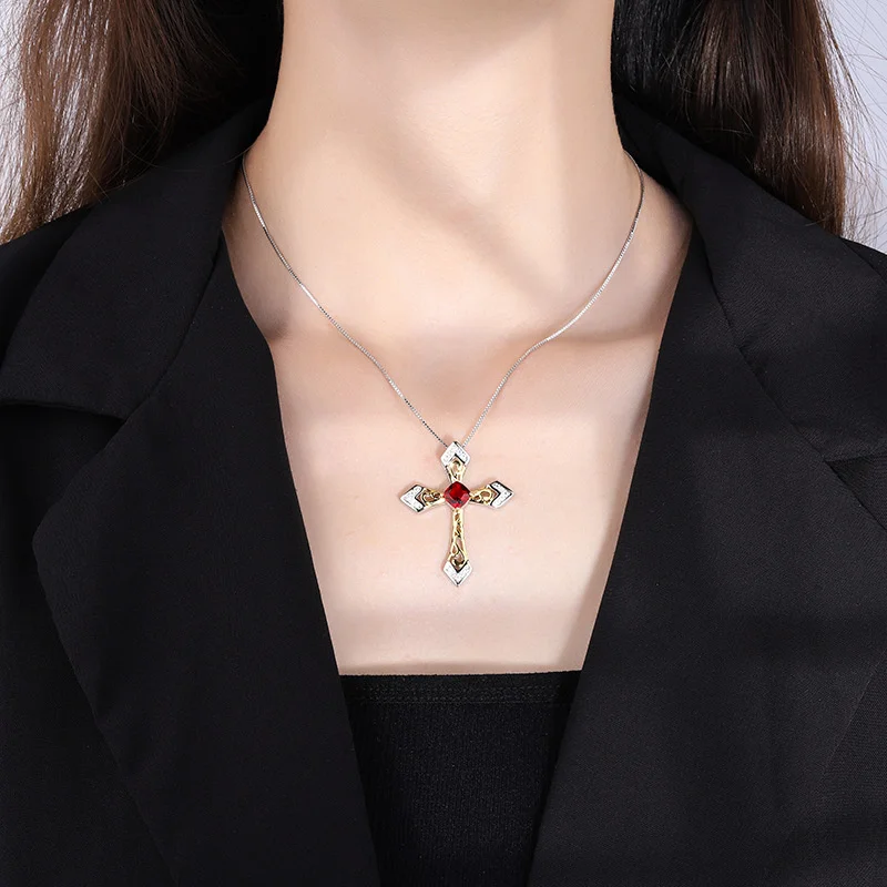 genuine Luxury brand real jewels Emerald Pendant Female Wind Colorful Cross Red Treasure Gold Plated Necklace Collar Chain high