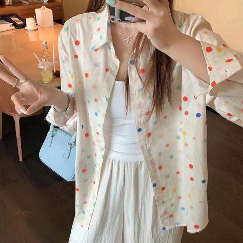 Fashion Polka Dot Printing Women Shirt Loose Sweet Casual Blouses Office Women Summer Long Sleeve Sunscreen Lady Tops Clothes