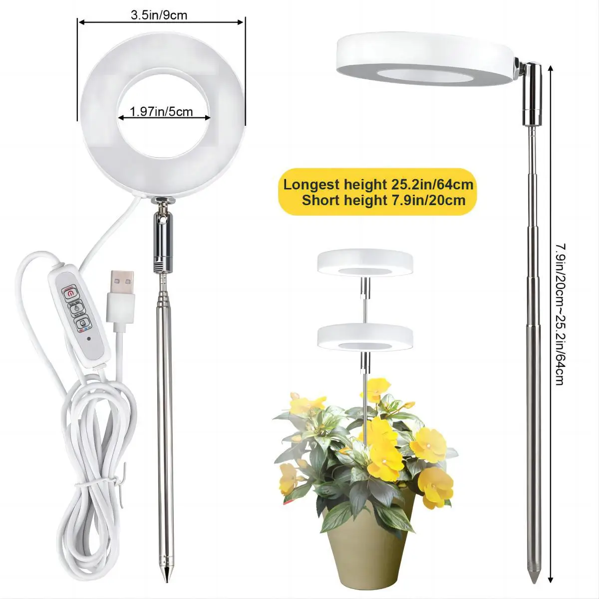 Luz LED de cultivo, lámpara de espectro completo para plantas, lámpara de cultivo regulable ajustable, lámpara hidropónica con temporizador para luz de plantas de interior