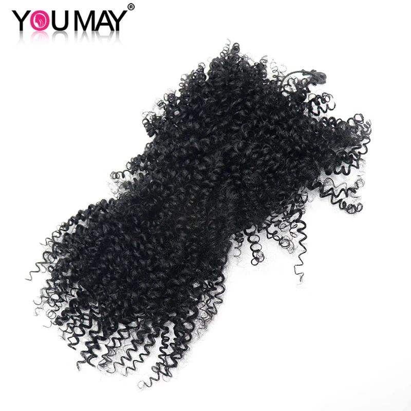 Youmay-coleta de cabello humano rizado con flequillo para mujeres negras, Clips de cabello humano Real Remy brasileño, cola de caballo corta con