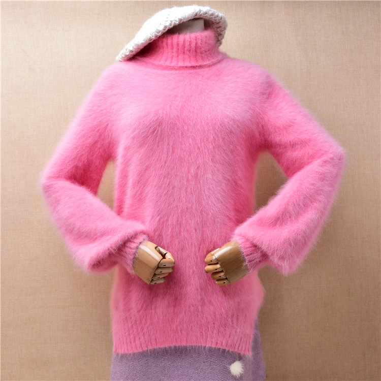 

Ladies Women Fall Winter Clothing Sweet Pink Hairy Mink Cashmere Knitted Turtleneck Split Slim Blouses Pullover Sweater Jumper